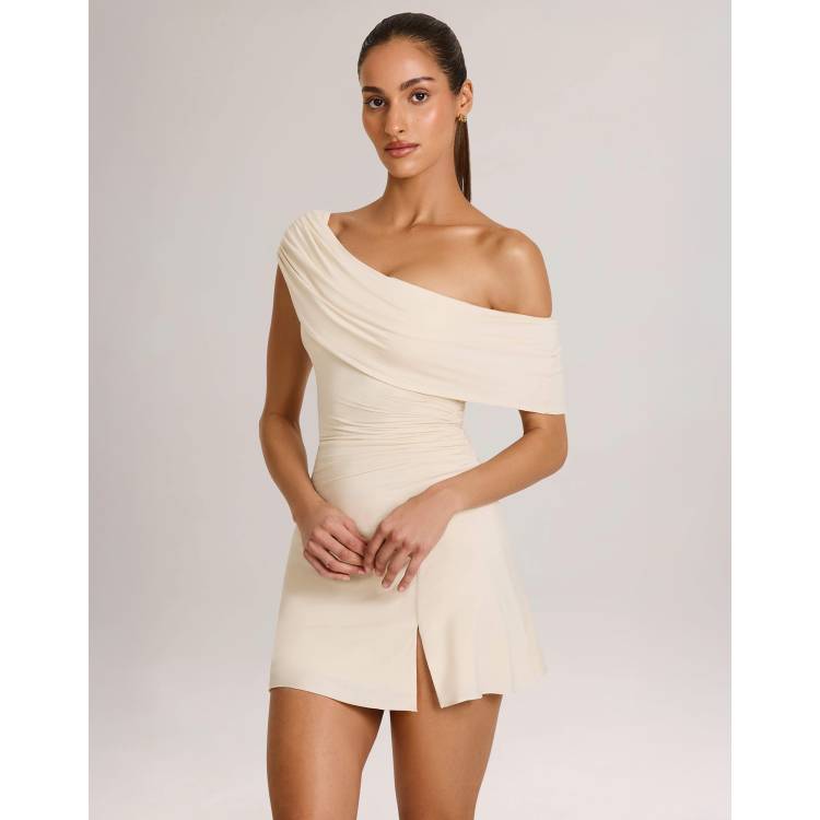 mesh asymmetric off shoulder mini dress in cream Lusting Off Shoulder Mini Dress Cream
