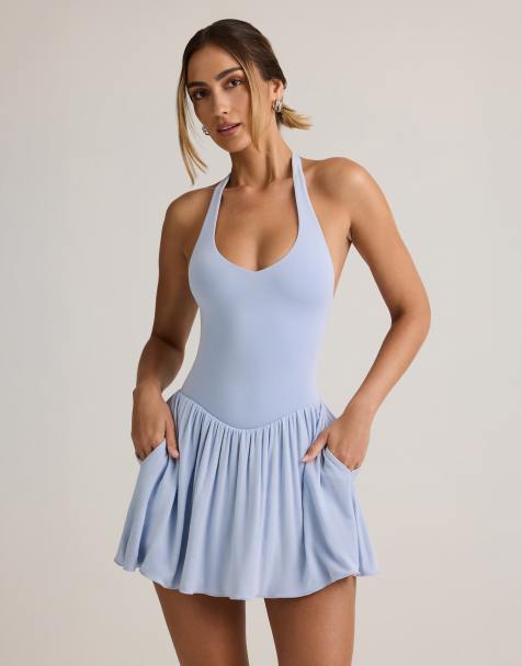 Oh Polly modal blend drop waist halter neck mini dress in blue - LBLUE - view 1