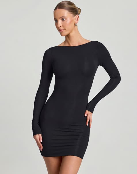 Oh Polly modal blend seamless long sleeve midi dress in black - view 1