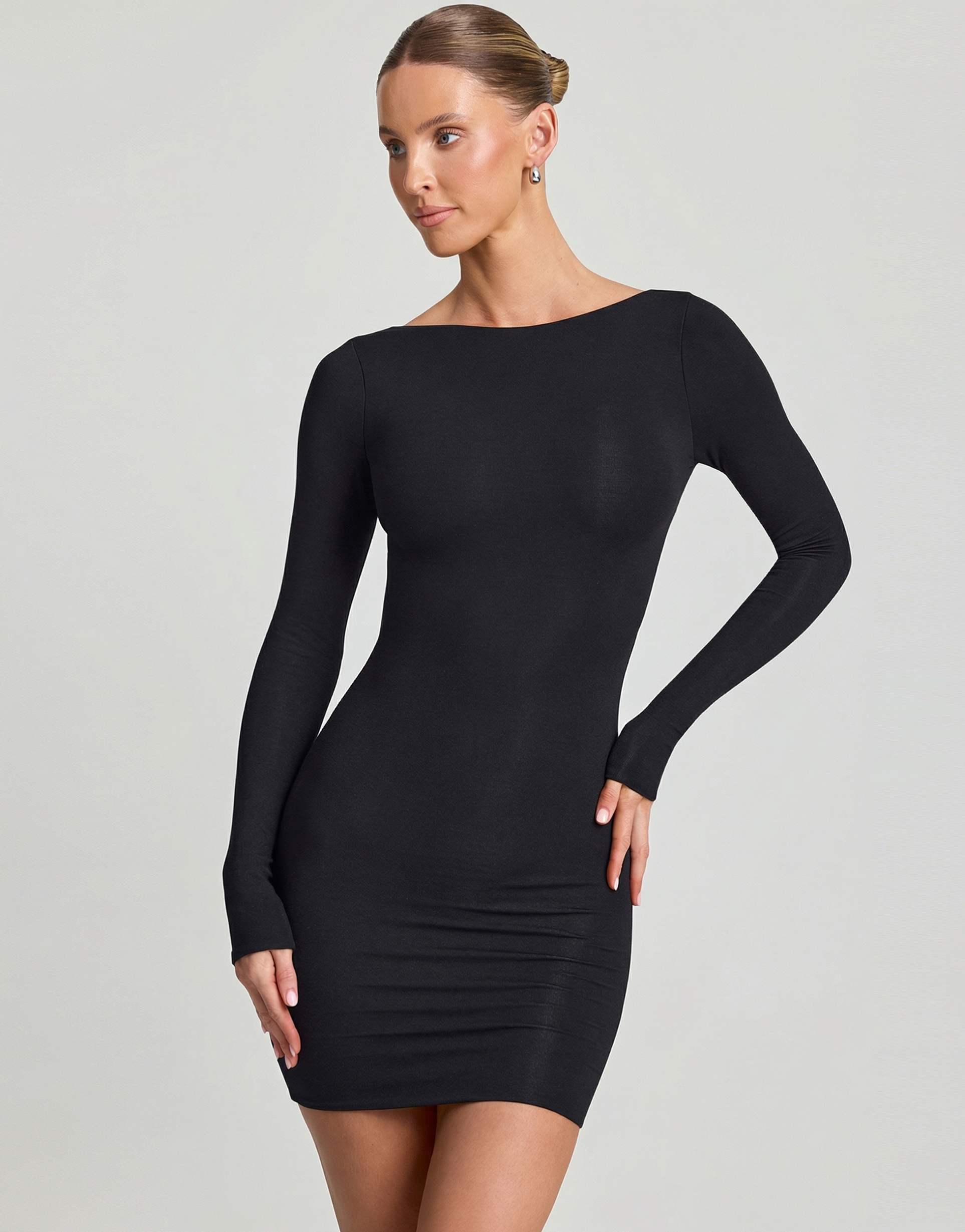 oh polly modal blend seamless long sleeve midi dress in black