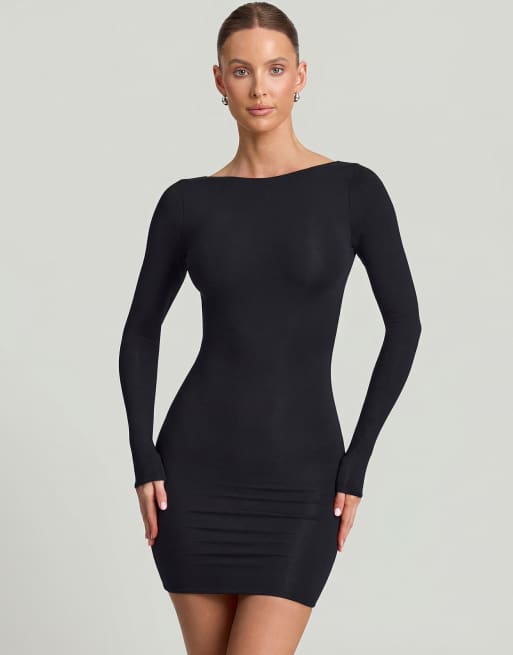 Oh Polly modal blend seamless long sleeve midi dress in black, 3 of 4