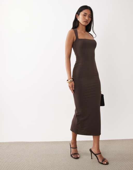 Oh Polly modal blend square neck slinky midi dress in chocolate | ASOS