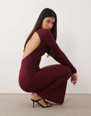 Oh Polly Modal Boat Neck Backless Ruched Maxi Dress In Red
