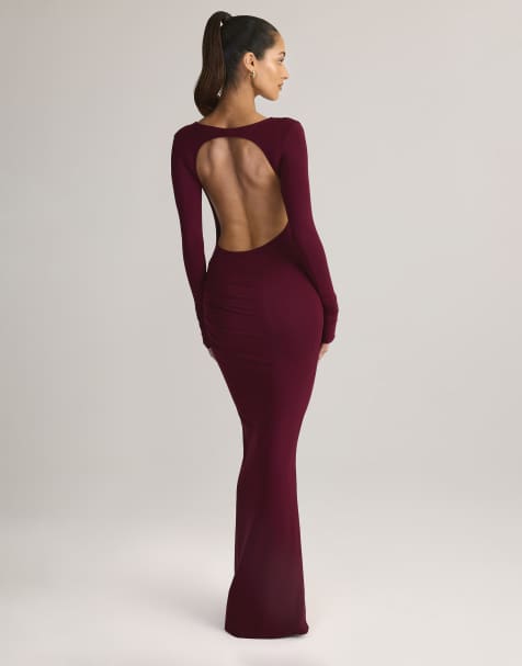 Oh Polly modal boat neck backless ruched maxi dress in burgundy