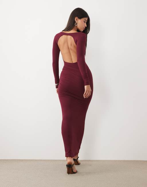Oh Polly modal boat neck backless ruched maxi dress in burgundy, 3 of 4
