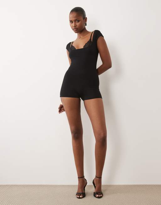 Oh Polly modal cap sleeve lace detail scoop back playsuit in black, 2 of 4