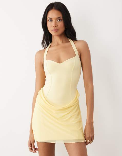 Oh Polly modal halter neck cowl skirt mini dress in butter yellow - view 1