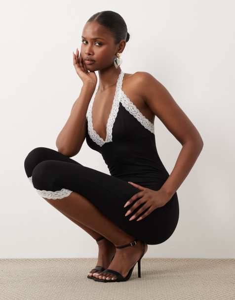 Oh Polly modal halter neck lace trim capri jumpsuit in black - view 1