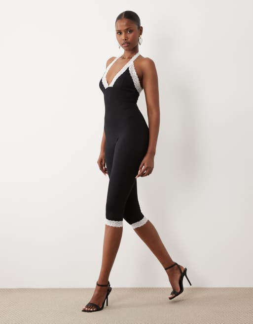 Oh Polly modal halter neck lace trim capri jumpsuit in black | ASOS