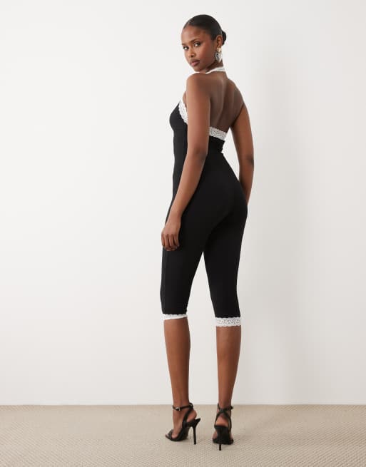 Oh Polly modal halter neck lace trim capri jumpsuit in black | ASOS