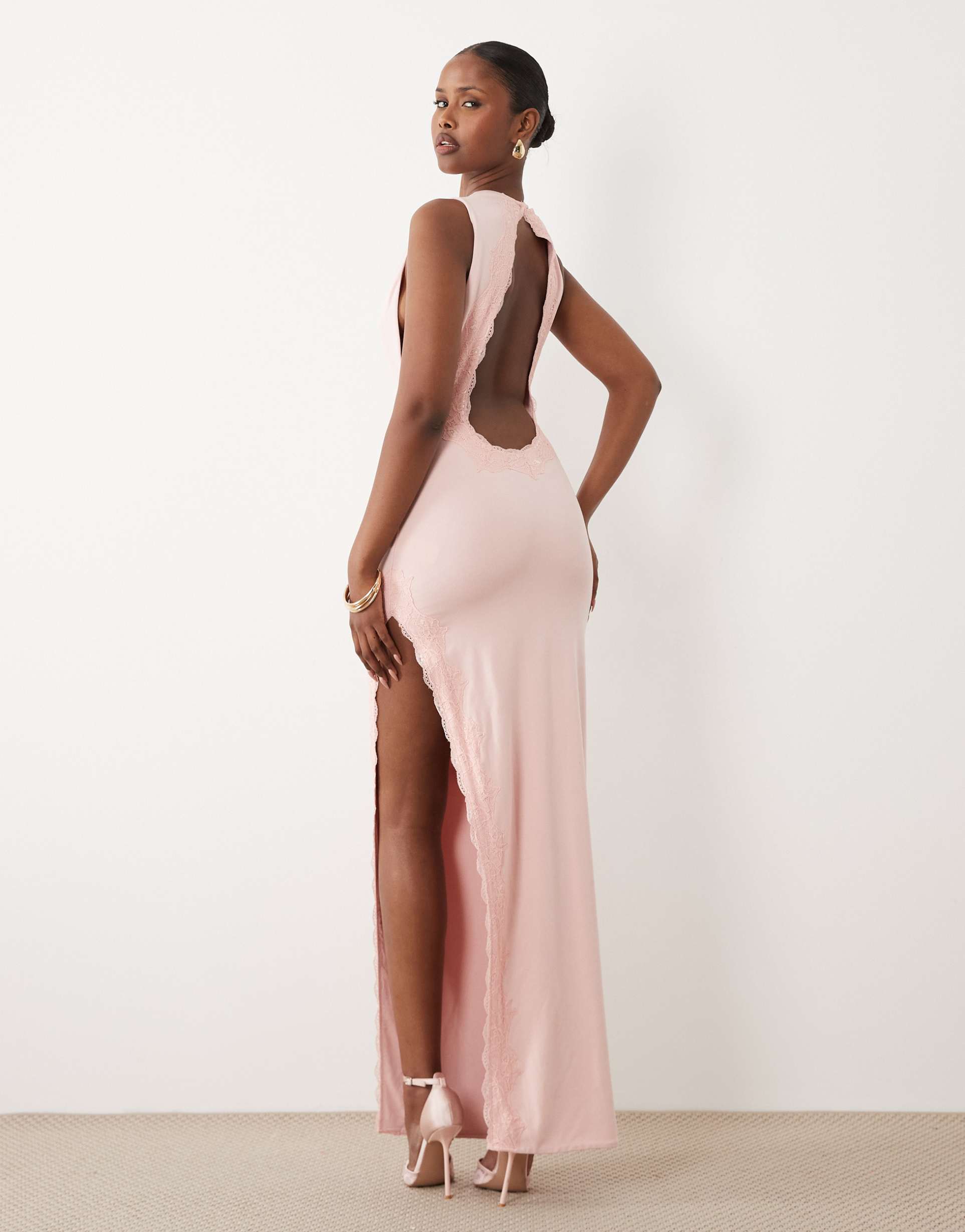 oh polly modal halter neck open back detail lace trim maxi dress in blush pink