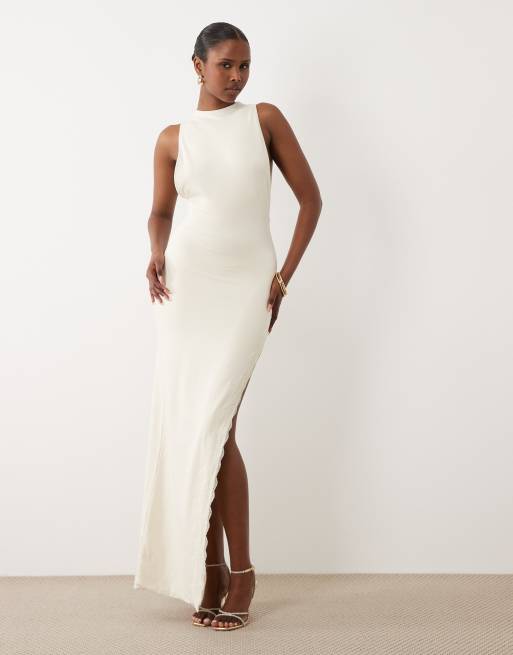Oh Polly modal halter neck open back detail lace trim maxi dress in ivory |  ASOS