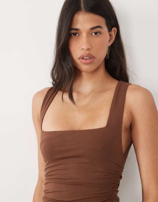 Oh Polly modal hoogsluitende gerimpelde bodycon mini jurk in chocoladebruin, 3 van 4