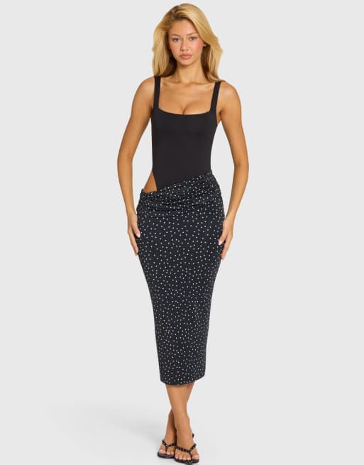 Oh Polly modal jurk met vierkante halslijn, lijfje en gedrapeerde rokdetails, midi, zwart met polkadot, 2 van 4