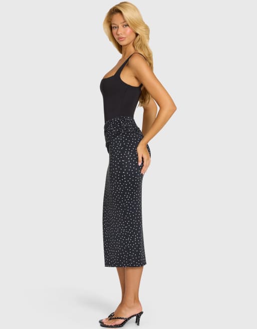 Oh Polly modal jurk met vierkante halslijn, lijfje en gedrapeerde rokdetails, midi, zwart met polkadot, 3 van 4