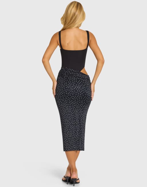 Oh Polly modal jurk met vierkante halslijn, lijfje en gedrapeerde rokdetails, midi, zwart met polkadot, 4 van 4