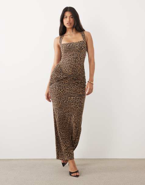 Oh Polly modal kjole med firkantet hals, drapering og bindebånd, maxi, i leopardprint - view 1