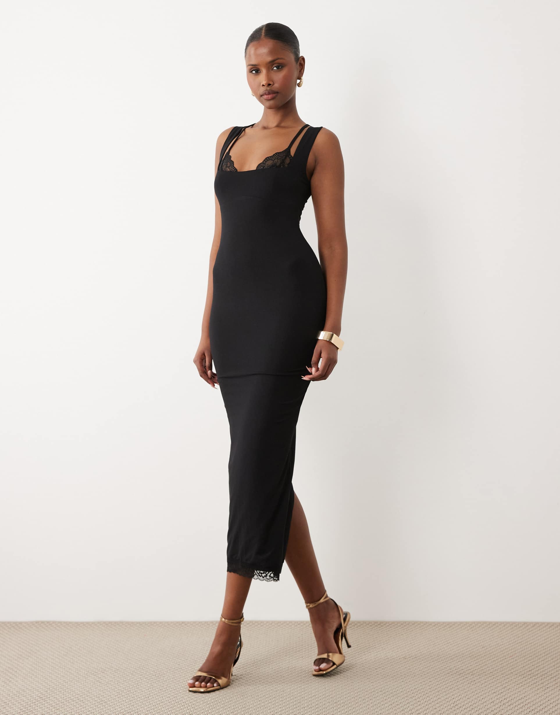 oh polly modal lace bralette detail midi dress in black