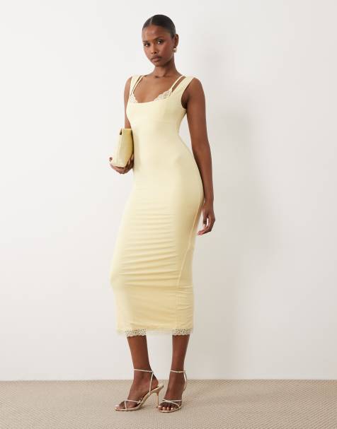 Oh Polly modal lace bralette detail midi dress in butter yellow - view 1