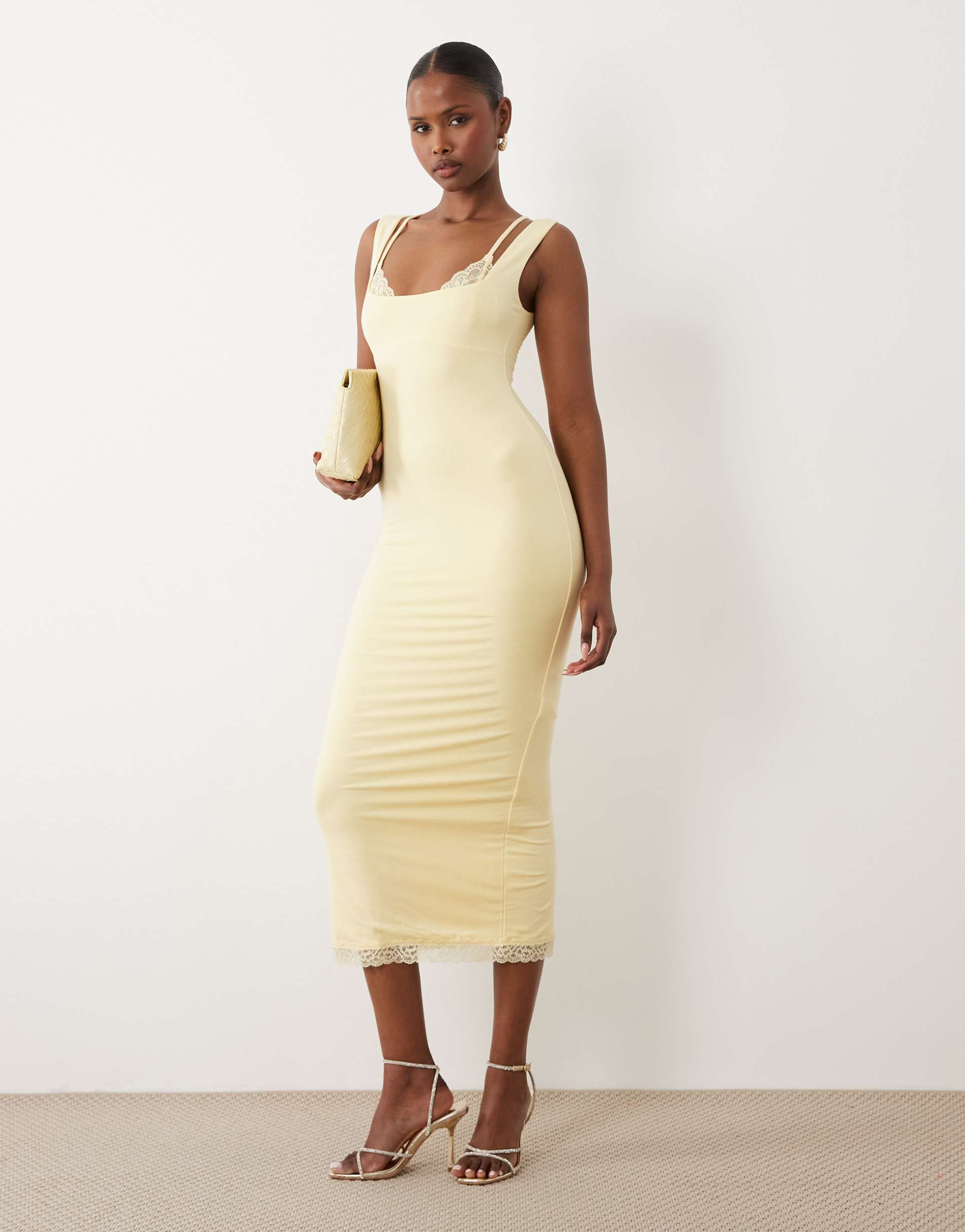 oh polly modal lace bralette detail midi dress in butter yellow