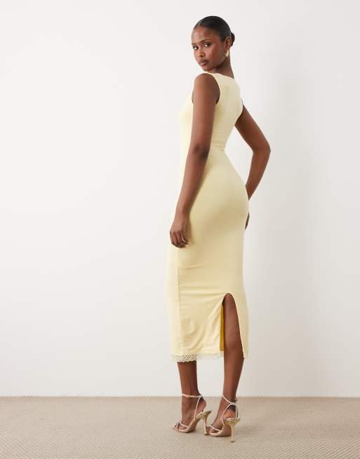 oh polly yellow midi dress Asymmetric Ruched Midi Dress in Pastel Yellow