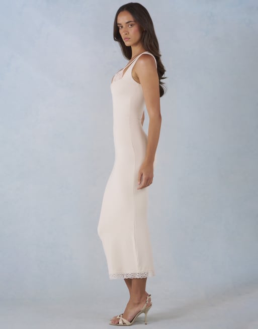 Oh Polly modal lace trim detail midi dress in ivory, 2 of 4