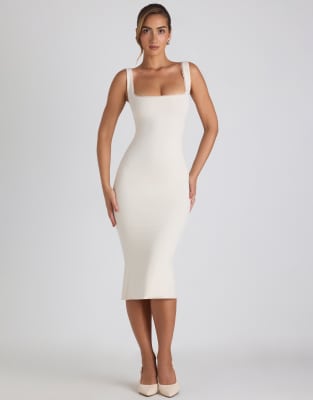 Oh Polly modal lace trim square neck scoop back bodycon midi dress in ivory white