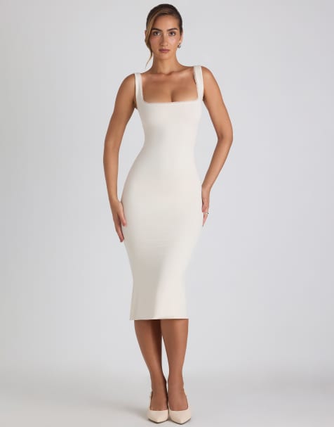 Oh Polly modal lace trim square neck scoop back bodycon midi dress in ivory - view 1