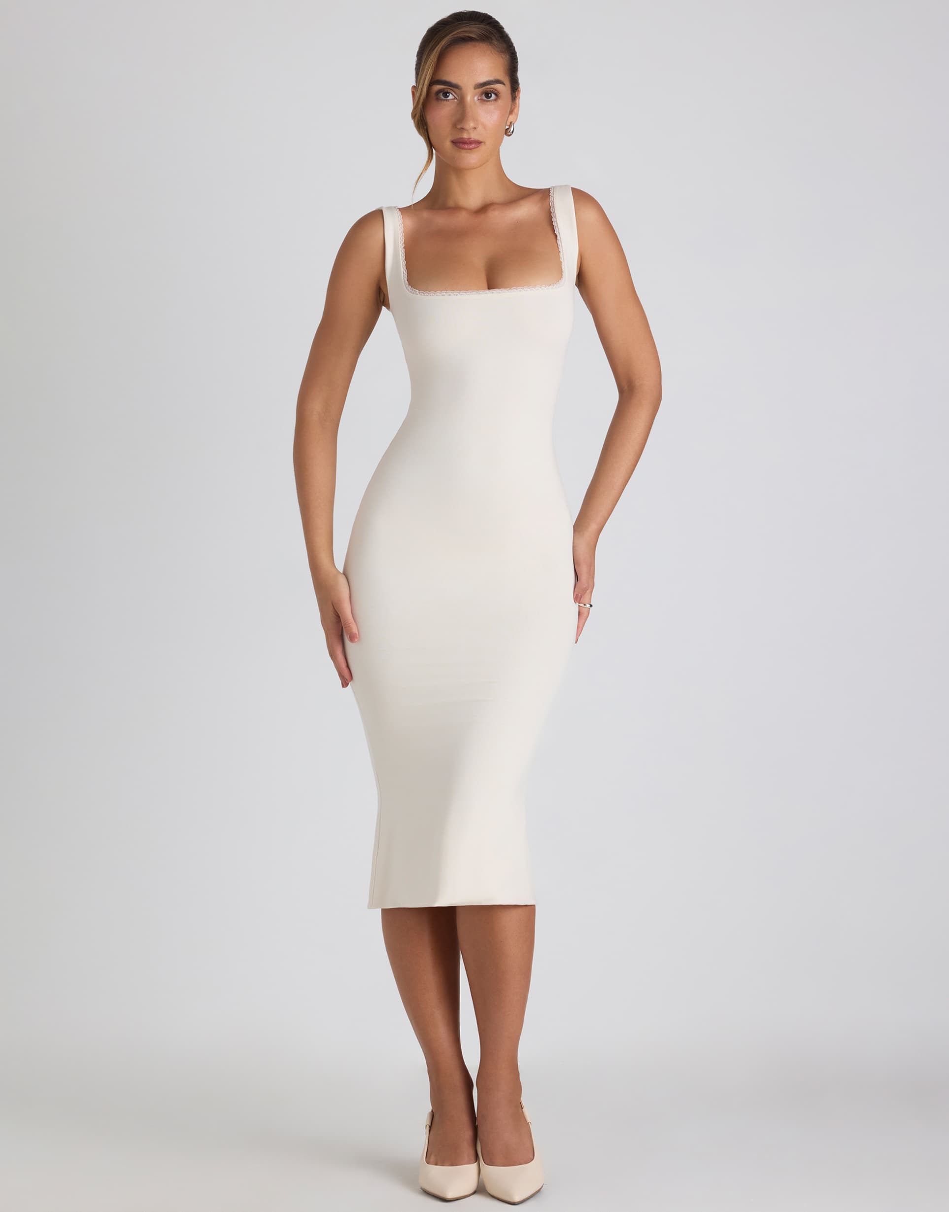 oh polly modal lace trim square neck scoop back bodycon midi dress in ivory