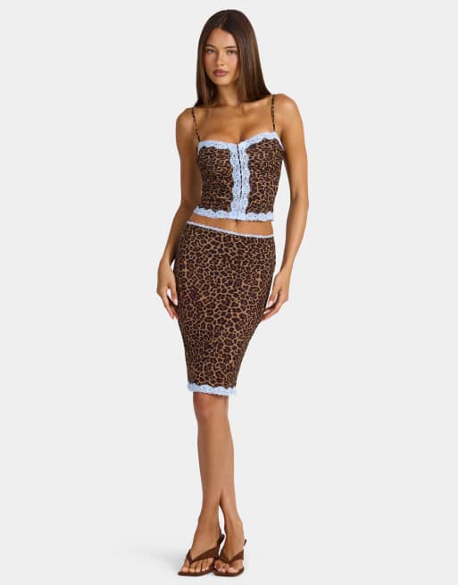 Oh Polly modal mid-rise lace trim midi skirt in leopard, 2 of 4