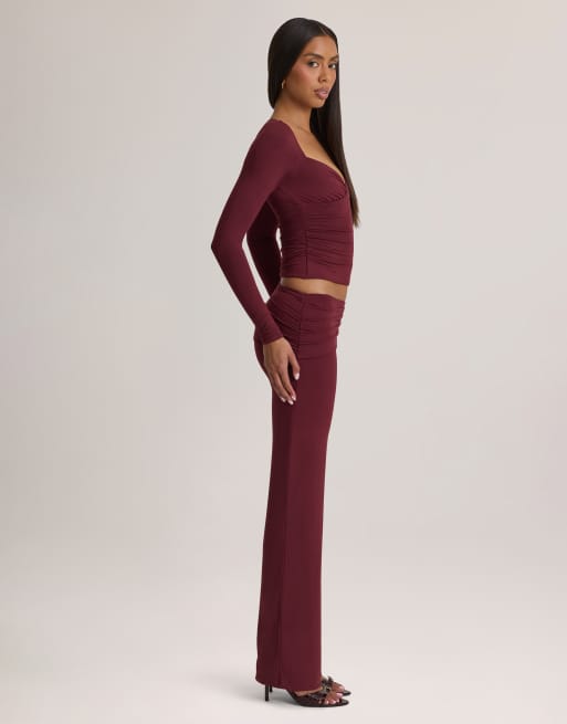 Oh Polly modal mid rise straight leg pants co-ord in plum, 3 of 4