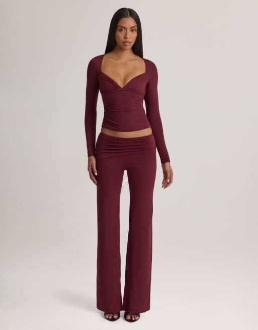 Oh Polly modal V-neck long sleeve ruched waist top and mid rise straight leg pants set in plum, 3 of 3