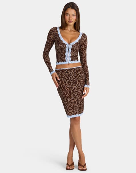 Oh Polly modal midi rok met middelhoge taille en kanten rand in luipaardprint - view 1