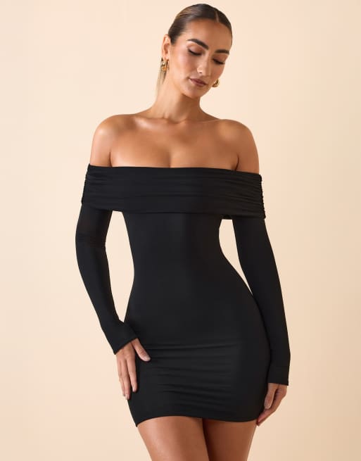 Oh Polly modal off shoulder slinky mini dress in black, 4 of 4