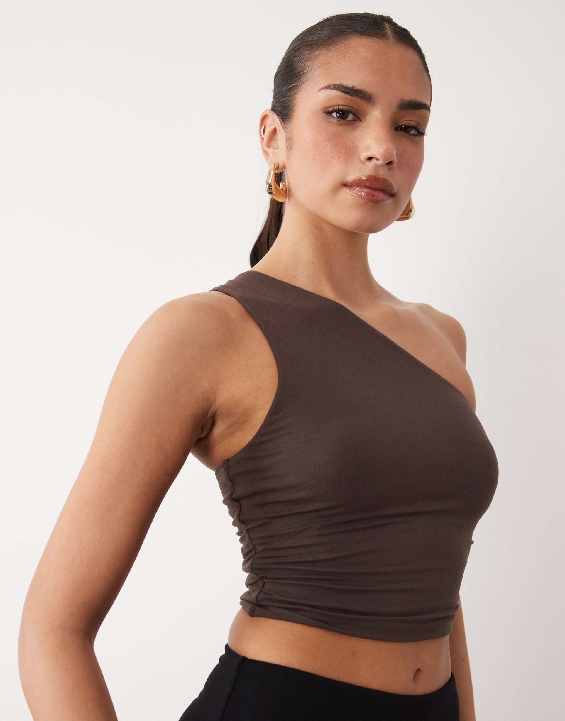 oh polly modal one shoulder open back top in chocolate