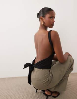 Oh Polly Modal Open Tie-back Top In Black