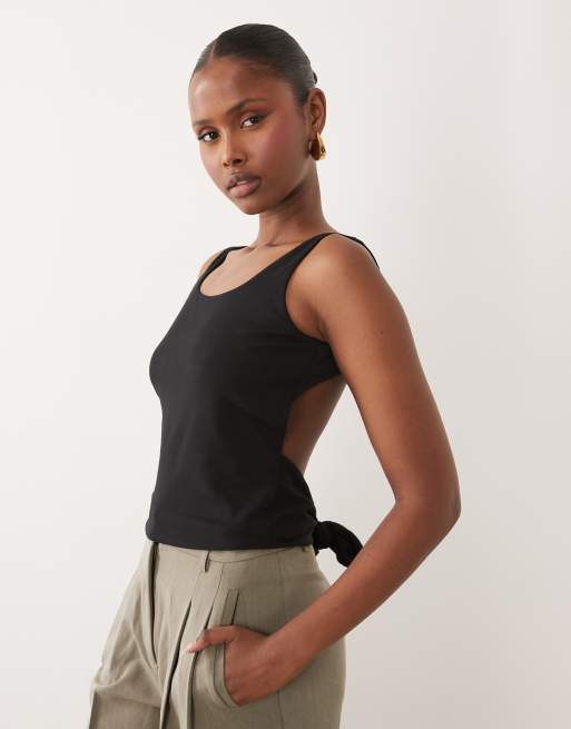 Oh Polly modal open tie-back top in black, 4 of 4