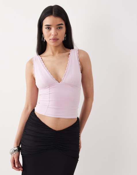Oh Polly modal plunge neck jersey corset top in soft pink - view 1