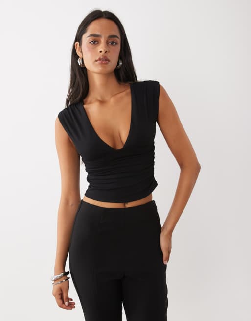 Oh Polly plunge ruched detail top and tie detail mini skirt co-ord in black, 3 of 3