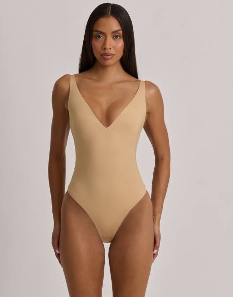 Oh Polly modal plunge sleeveless G-string bodysuit in mocha - view 1