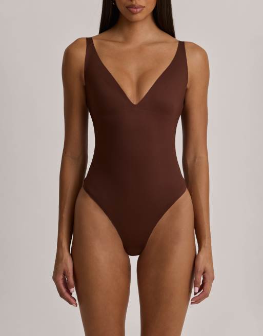 Oh Polly modal plunge sleeveless thong bodysuit in chocolate, 2 of 4