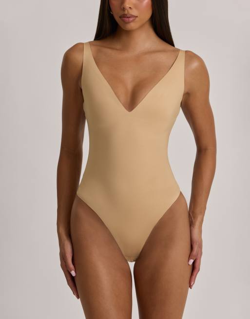 Oh Polly modal plunge sleeveless thong bodysuit in mocha, 2 of 4