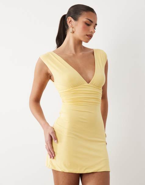 Oh Polly modal plunging v-neck sleeveless mini dress in yellow - view 1
