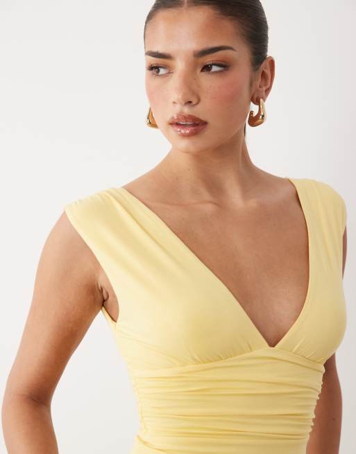 Oh Polly modal plunging v-neck sleeveless mini dress in yellow, 3 of 4