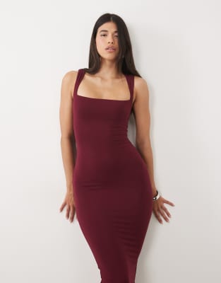 Oh Polly Modal Square Neck Bodycon Midi Dress In Burgundy