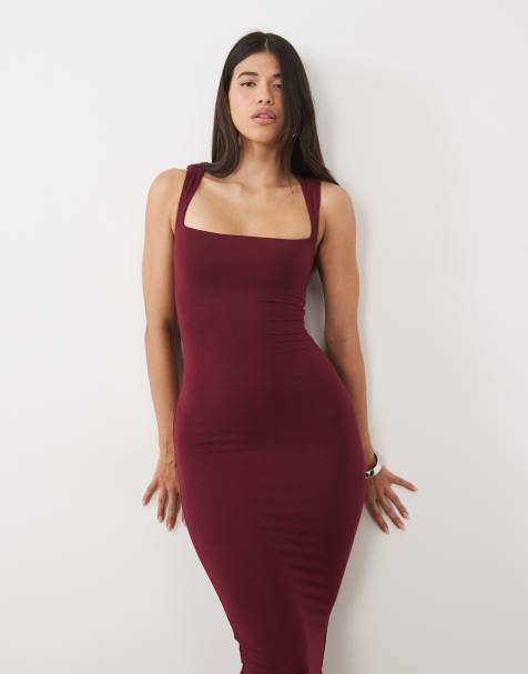 Oh Polly modal square neck bodycon midi dress in burgundy - view 1