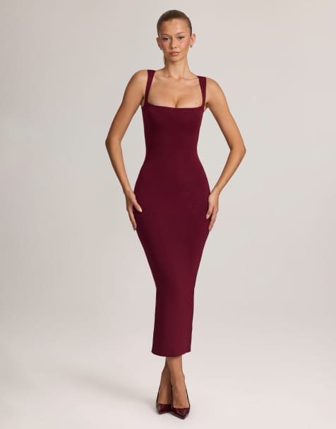 Oh Polly modal square neck bodycon midi dress in burgundy