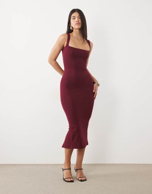 Oh Polly modal square neck bodycon midi dress in burgundy, 3 of 4