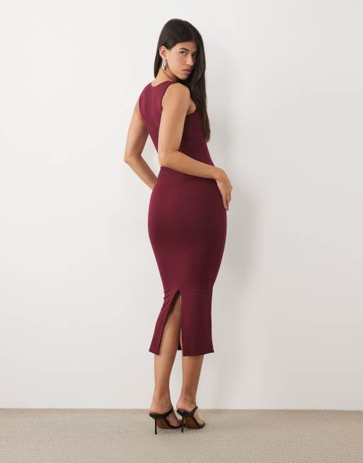 Oh Polly modal square neck bodycon midi dress in burgundy, 4 of 4