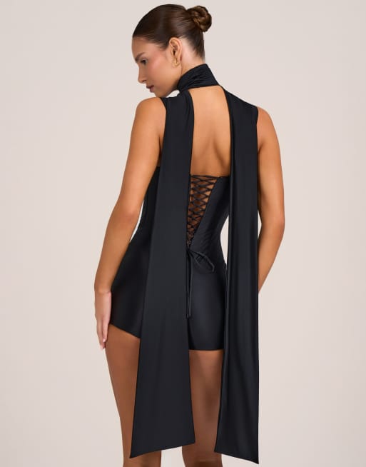 Oh Polly modal square neck playsuit with scarf detail in black, 4 of 4